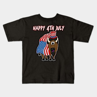 Happy 4th July Bison American Flag Independence Day Kids T-Shirt